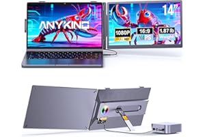 Anyking Laptop Screen Extender, 14” FHD 1080P Portable Monitor for Laptop with 100% sRGB, Dual Screen Extender for Laptop 13–17.3”, Plug & Play External Monitor, Business Travel & Home Office