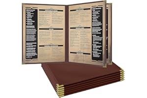 Goodsmart Pajco Style Restaurant Menu Covers – Pack of 10, Side-Loading Menu Holders, Single Stitched Edge, Clear Vinyl Menu Sleeves, Leatherette Trim, Gold Corners, Burgundy, 4 View (8.5" x 11")
