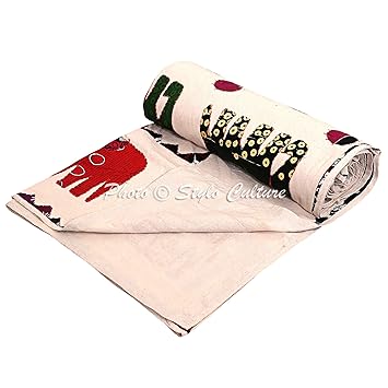 Stylo Culture Traditional Ethnic Kantha Indian Bed Throw Double Off White Applique Patchwork Blanket Bedding Quilt