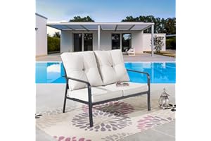 Festival Depot 1 Piece Patio Loveseat Outdoor Furniture, All-Weather 2-Seats Sofa with Curved Armrest, Metal Steel Frame and Detachable Seat & Back Cushion for Porch Balcony Deck Poolside, Beige