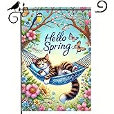 BlissYard Hello Spring Garden Flag 12x18 Inch Double Sided Sleeping Cat Seasonal Yard Flag Welcome Spring Wedding Decor for Farmhouse Holiday Outdoor Hello Summer Spring Decoration