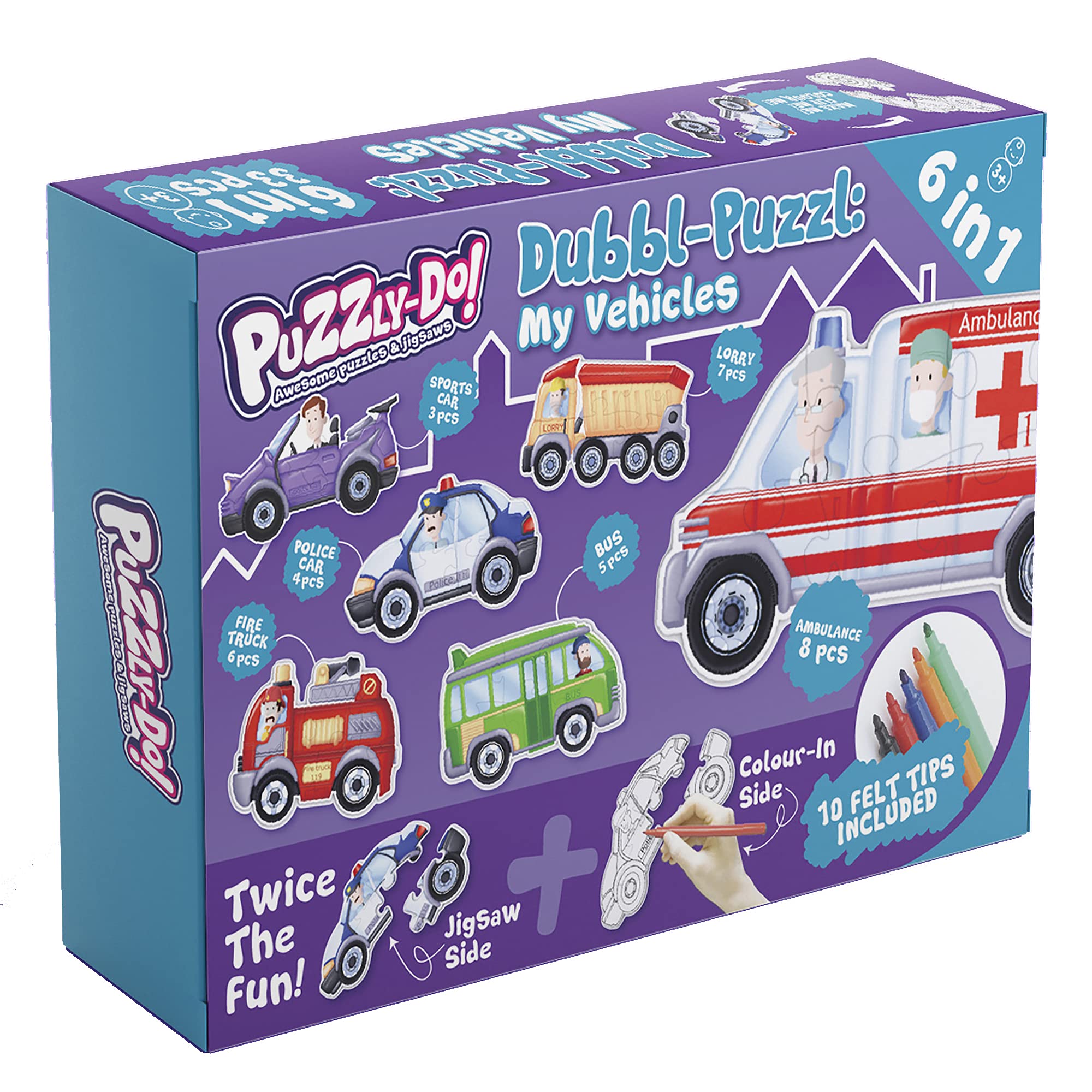 Dubbl-Puzzl My Vehicles: 6 Car Jigsaw Puzzles For Kids Age 3 Years And Over. Flip Them To Colour Them In. Felt Tip Pens Included.