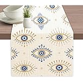 Evil Eye Pattern Table Runner Dresser Scarves Seasonal Linen Tablerunner for Indoor Outdoor Kitchen Home Party Holiday Dining Table Decor 13 X 70 Inch