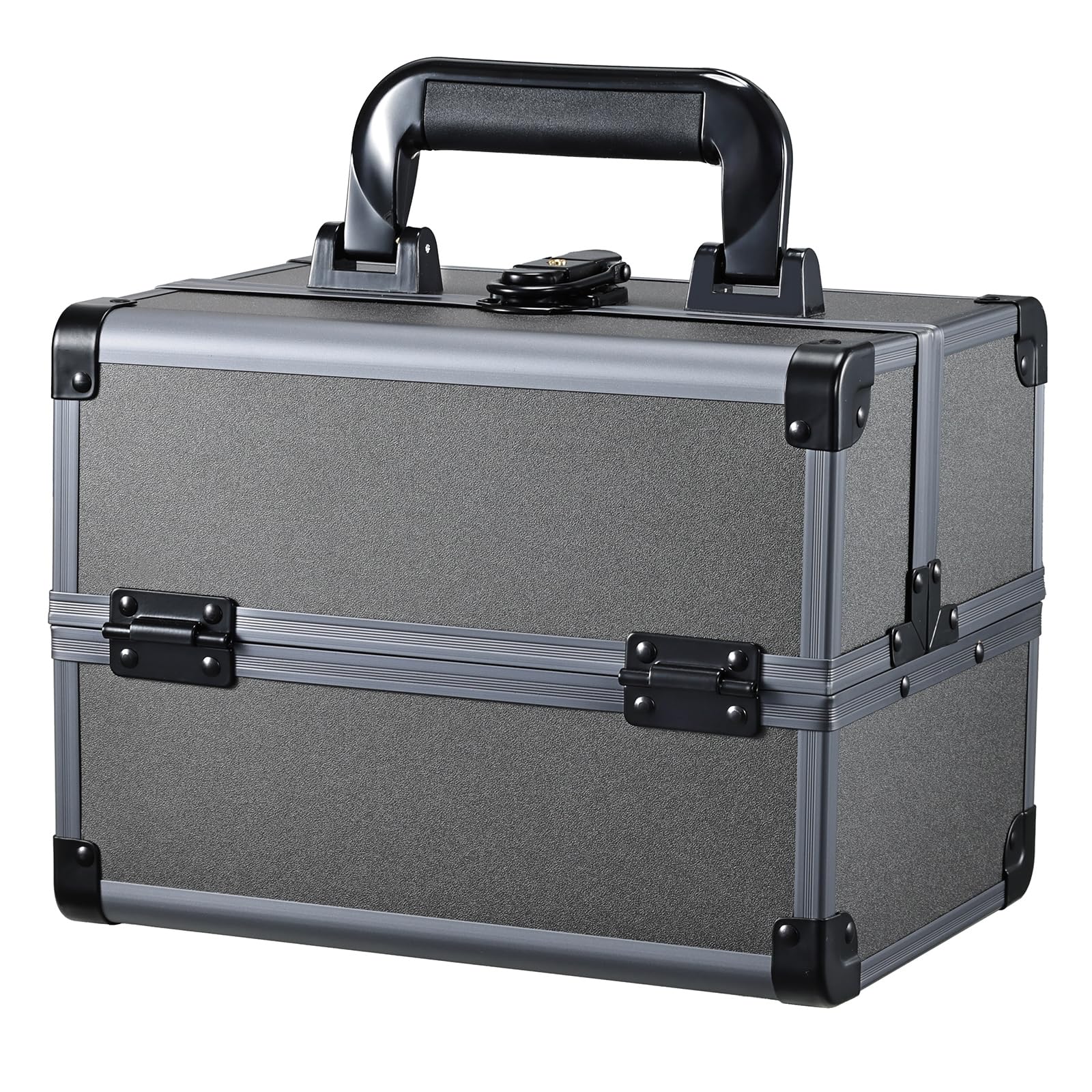 Photo 1 of Joligrace Makeup Train Case Makeup Case Organizer Portable Cosmetic Box Storage with 2 Trays Mirror Locking with Keys Make Up Travel Case Nail Kits Traveling Makeup Box Iron Grey