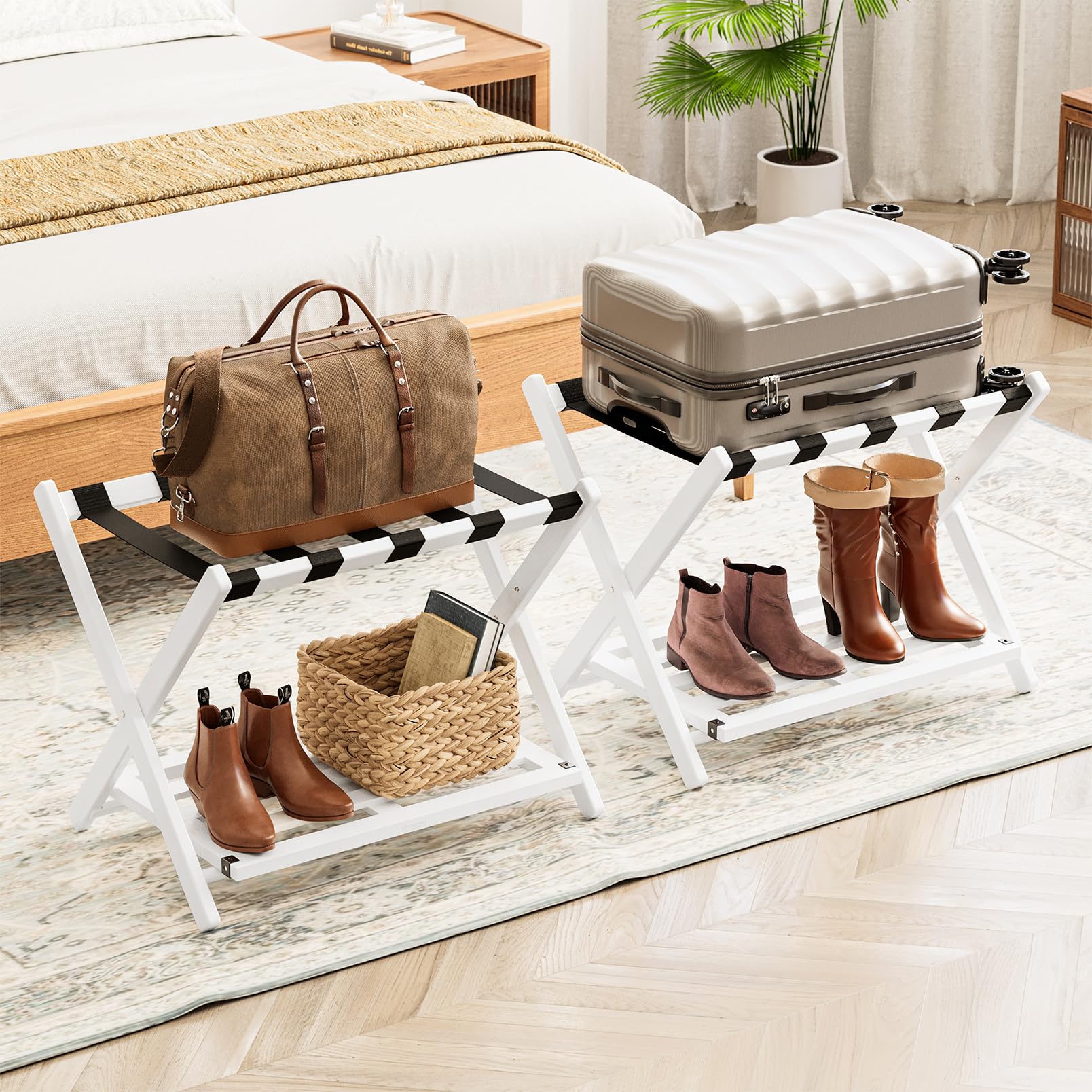 spaceaid fully assembled luggage rack 2 pack, bamboo foldable suitcase stand for guest room, heavy d
