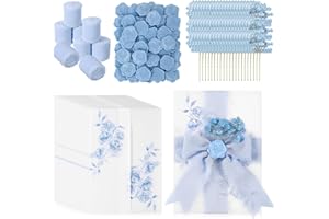 Fullhawl 50 Sets Wedding Invitations Wraps Set Pre Folded Vellum Jackets for 5 x 7 Invitations Dried Flowers Wax Seal Stickers Chiffon Silk Ribbon for Wedding Birthday Bridal Shower Craft DIY (Blue)