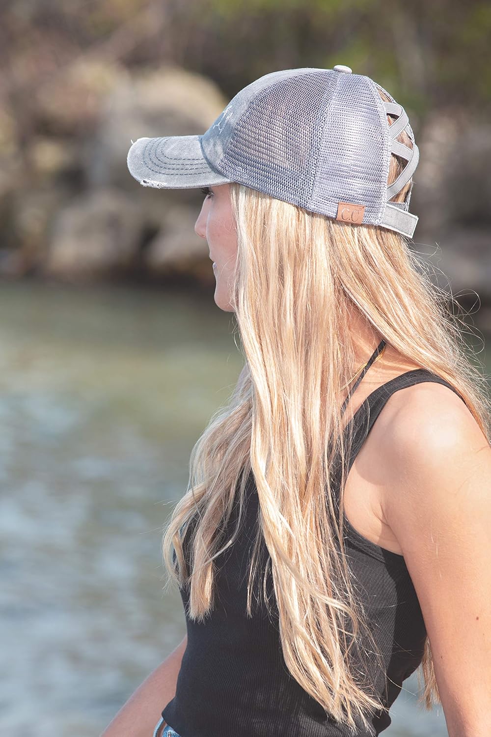 Funky Junque Dad Hat Ponytail Messy Bun Trucker Ponycap (Distressed Black w/Criss Cross Back) at  Women’s Clothing store