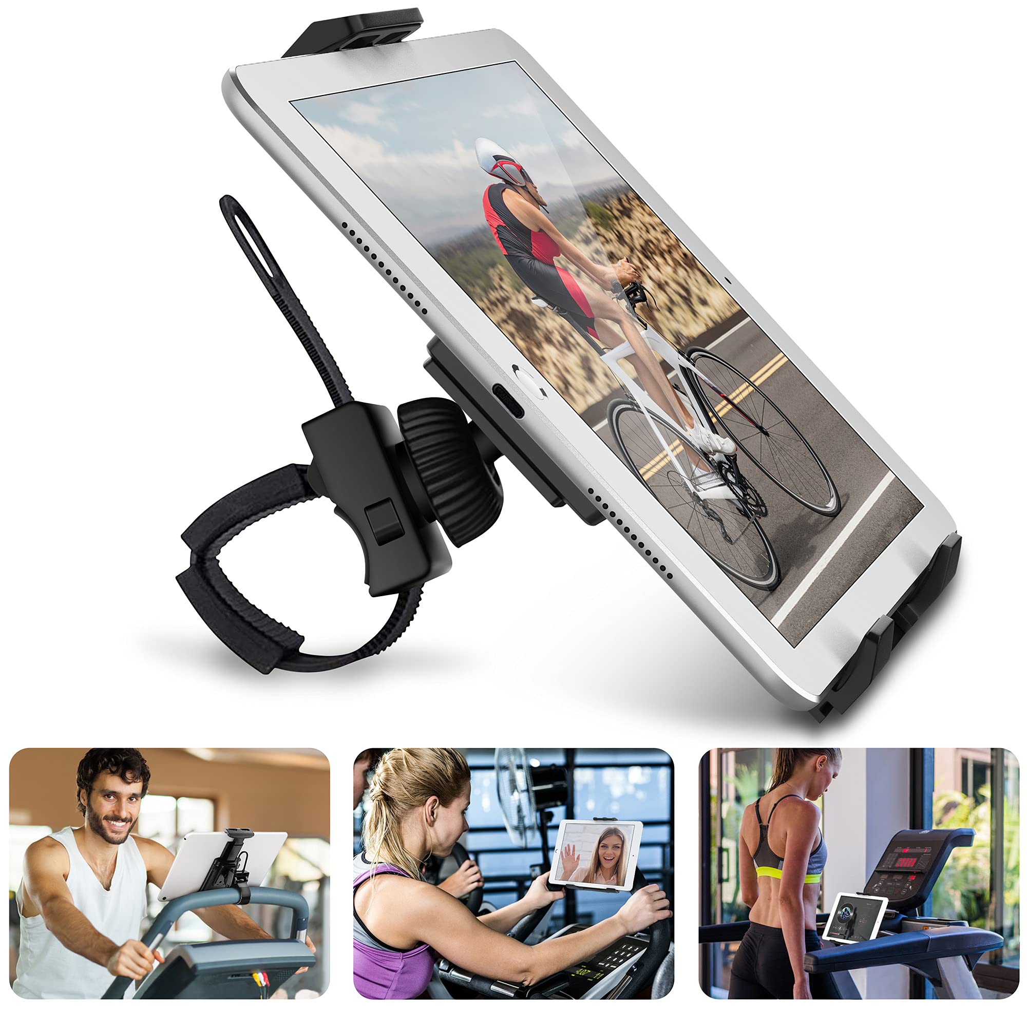 AboveTEK Cycling Bike iPad/Phone Holder Tablet Mount for Gym Handlebar, Portable 360° Swivel Stand for 3.5-12" Tablets/Cell Phones
