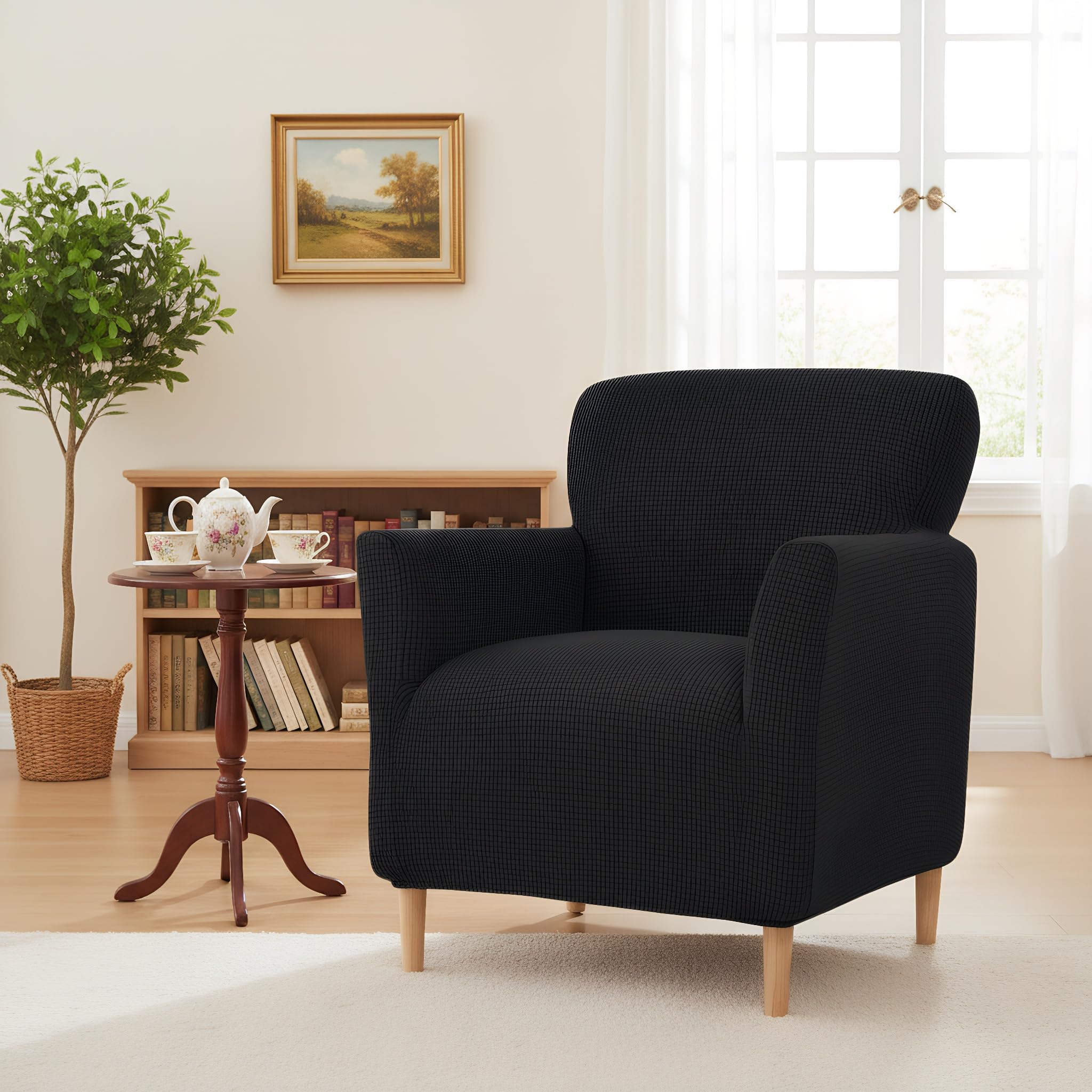 LiveGo Stretch Banquet Armchair Slipcover, Knit Chair Covers with Arms, Non-Slip Waterproof Chair Slipcover for Living Room, Office, Reception, and Pet-Friendly Furniture Protector (Black)