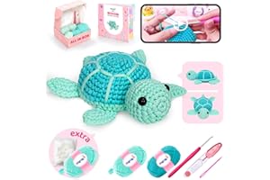 Mewaii Crochet Kit for Beginners Level 1 with 40% Extra Eco-Friendly Pre-Started Easy Yarn, Step-by-Step Video Tutorials for Adults and Kids (Blue Sea Turtle)