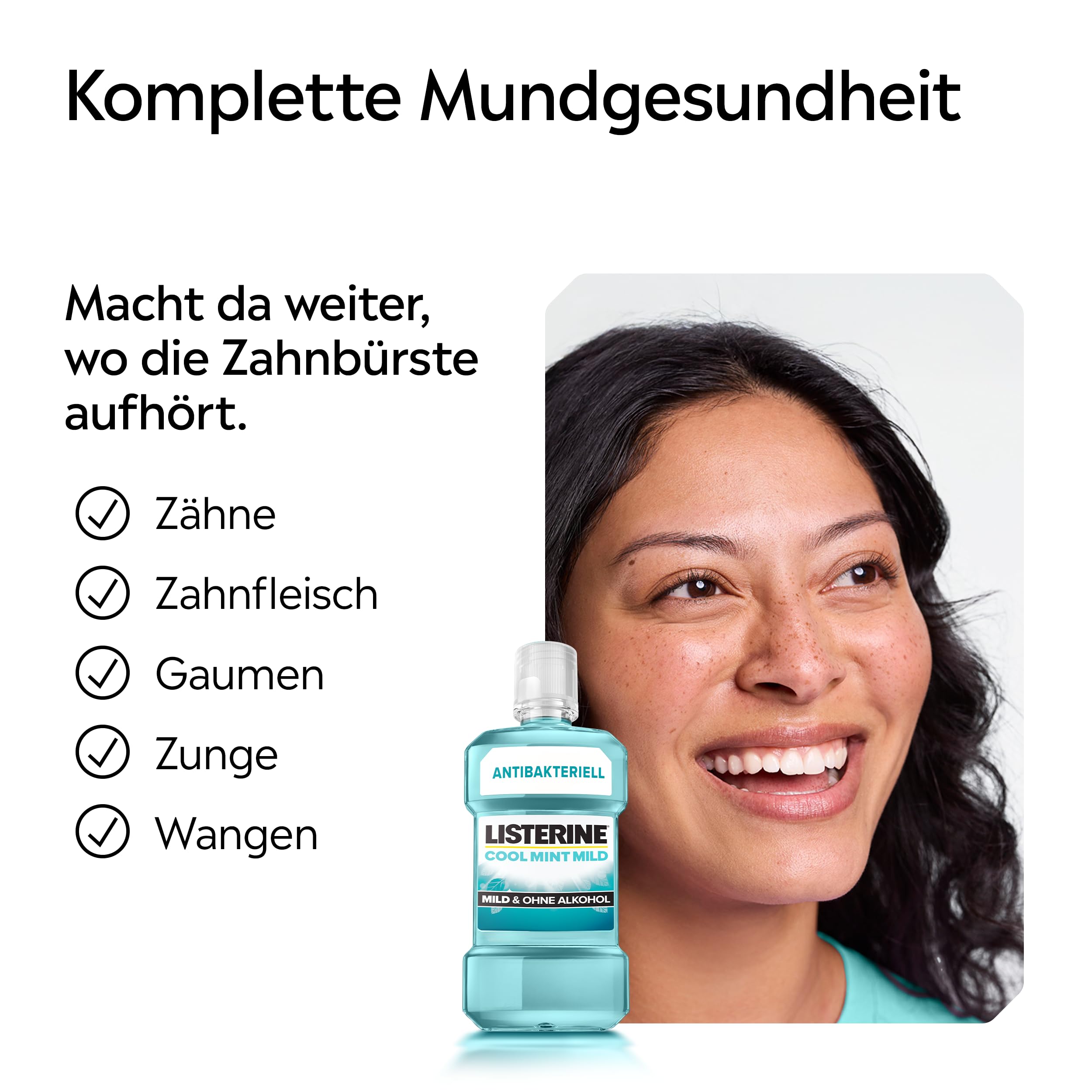 LISTERINE Cool Mint Mild 500 ml, antibakterielle Mundspülung mit ätherischen Ölen und ohne Alkohol, mildes Mundwasser bekämpft wirksam Bakterien, optimale Ergänzung zur täglichen Zahnpflege 6