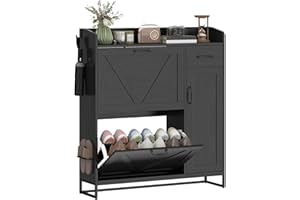HOMCOM Narrow Shoe Cabinet with 2 Flip Drawers, Farmhouse Shoe Storage Cabinet with Side Cabinet and Adjustable Shelves for E