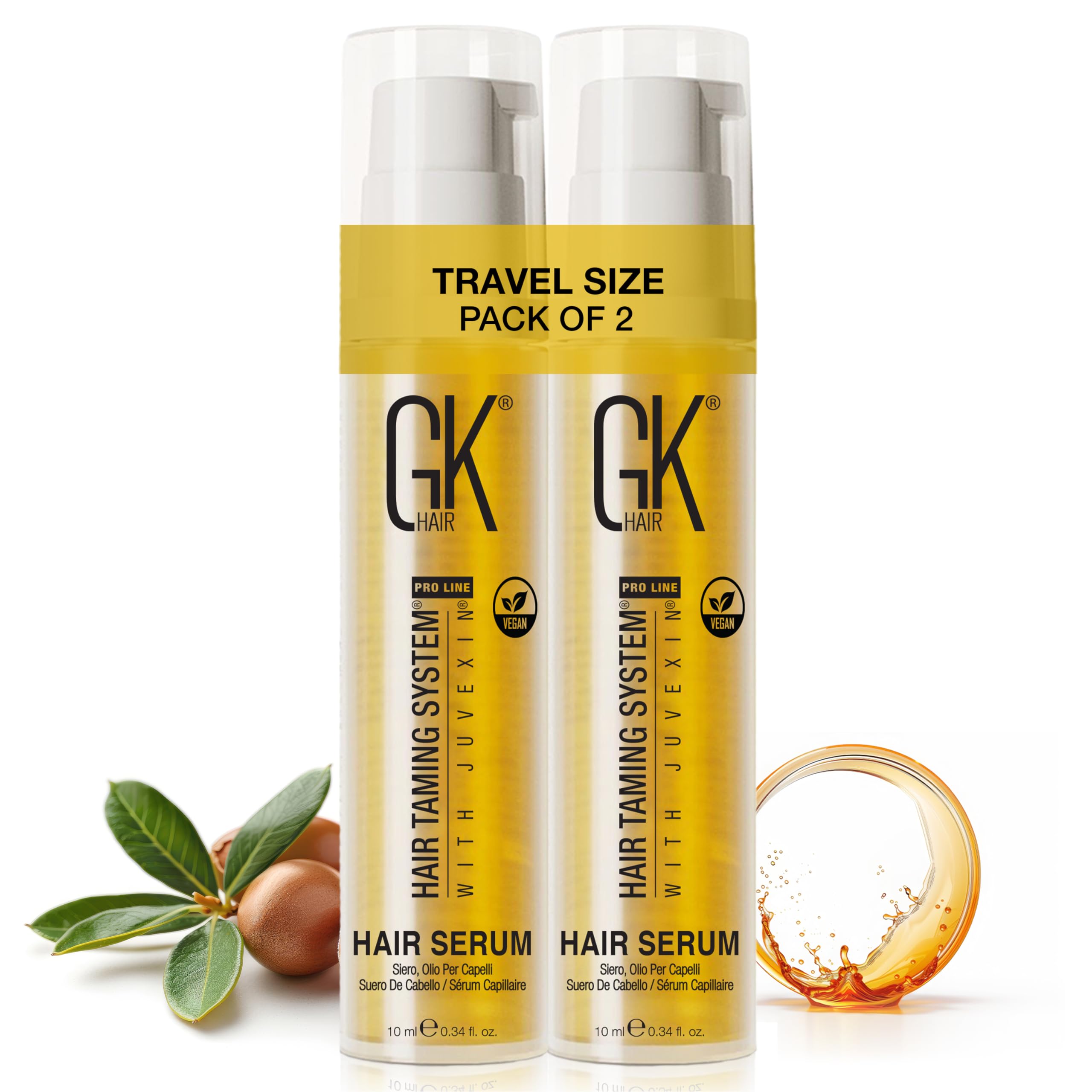 GK HAIR Pack of 2 Keratin Travel Size Anti-Frizz Serum -Vegan Organic Argan Oil Hair Smoothing Strengthening Treatment Hydrating Nourishing Heat Protection Shine Repair for Dry Damaged -20ml