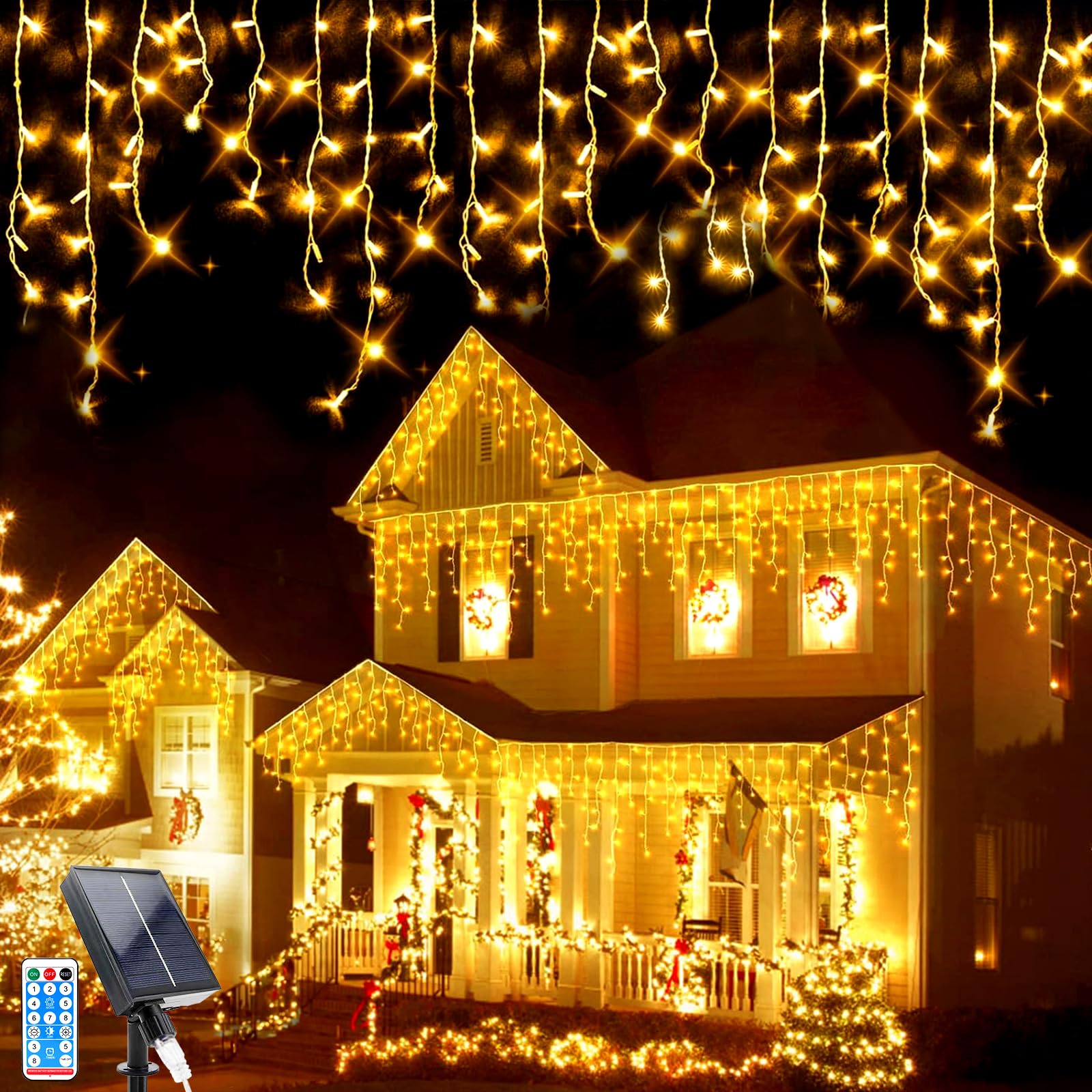 GHONLZIN LED Solar String Light, 8M 264 LEDs Solar Garden Fairy Lights, 44pcs*8 LEDs Icicle Decorative Lights Waterproof for Yard Garden Wedding Party House Roof Christmas Decorations (7M)