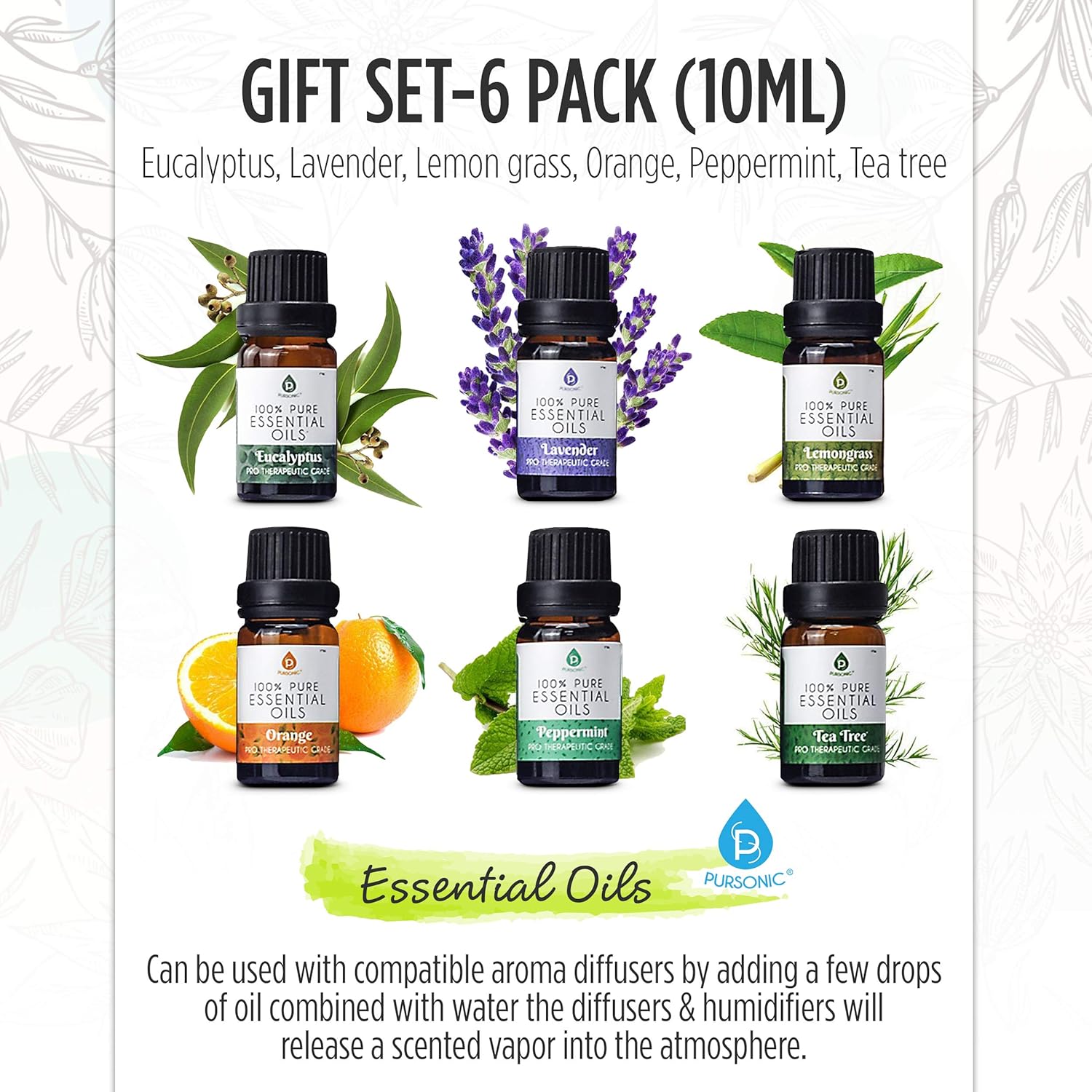 Pursonic 100% Pure Essential Aromatherapy Oils Gift Set-6 Pack , 10ML(Eucalyptus, Lavender, Lemon grass, Orange, Peppermint, Tea Tree): Home & Kitchen