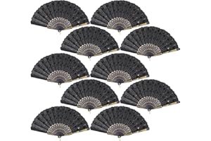 QIRMIZI 10 Pack Fabric Folding Handheld Fans, Perfect for Weddings, Parties, and Dancing,Black