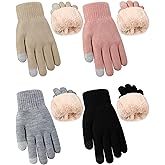 Janmercy 4 Pairs Winter Fleece Lined Gloves Women Men Cold Weather Knit Touchscreen Gloves Valentines Gifts for Her Him