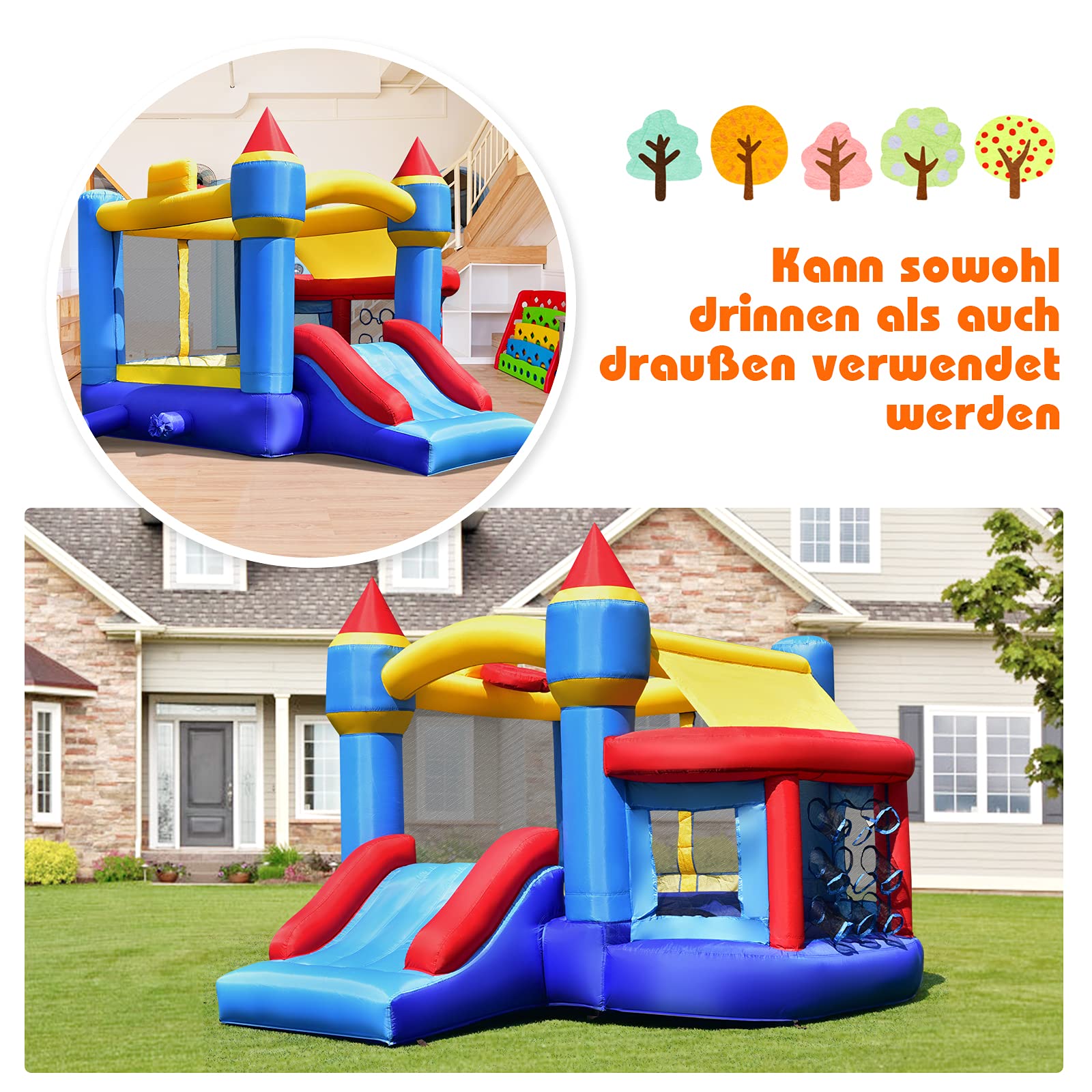 COSTWAY Kinder aufblasbare Hüpfburg, Hüpfburg mit Rutsche, Ballgrube, Reparaturflicken, Aufbewahrungstasche, Kinder-Hüpfburg für Hinterhof, Indoor & Outdoor-Einsatz 270x240x196cm 3
