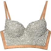ELLACCI Women's Handmade Rhinestone Diamond Push up Bustier Crop Top Sexy Punk Corset Bra Khaki