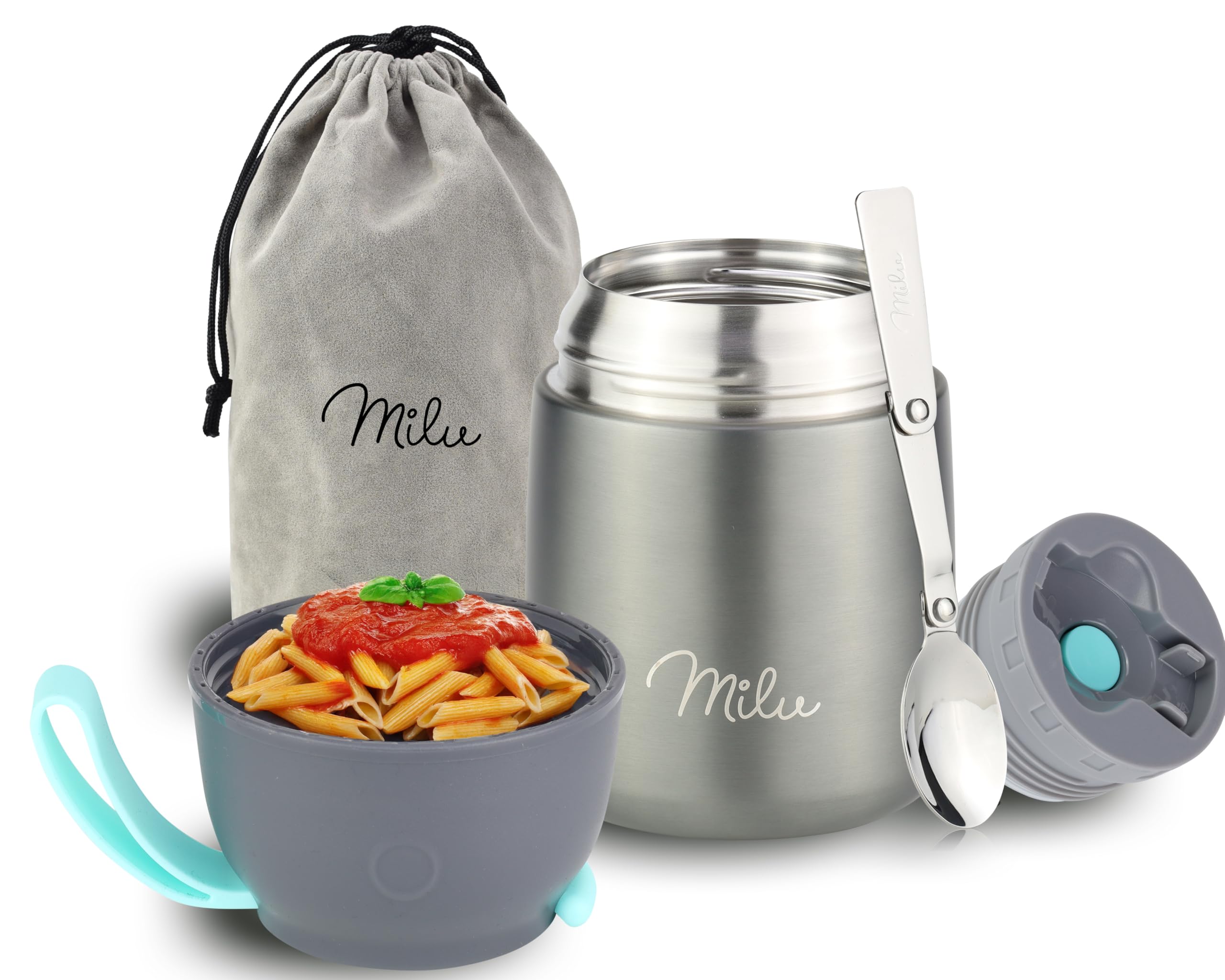 Milu Food Flask for Hot Food - 450ml Leakproof Insulated Stainless Steel Thermal Lunch Box, Soup Container with Spoon, BPA-Free, to go Meal Prep, Porridge (Grey, 450ml)