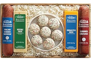 The Wisconsin Cheeseman Five Star Assortment – Summer Sausage Meats and Cheeses Gift Basket with Bon Bon Cookies – Holiday Thank You Gift for Adults, Women, and Men – Charcuterie Board in a Box