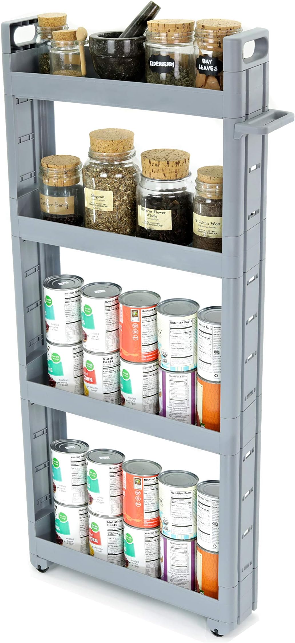 Adorn Home Essentials 4-Tier Narrow, Storage cart Pull-Out, Slide – Out Mobile Commodity Shelf, Rack Organizer Unit on Wheels | Plastic | Grey