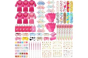 Suhine 6 Sets Girls Spa Birthady Party Supplies Birthday Print Satin Robe Tote Bags Spa Kit Nail Salon Kit(Cute Color)