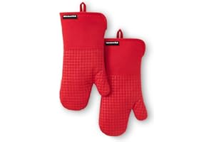 KITCHENAID Gourmet Series Gridlines Oven Mitts 2-Pack Set, Heat Resistant up to 600°F, Soft Silicone Grip, Magnetic Cuff, Passion Red, 7"x14"