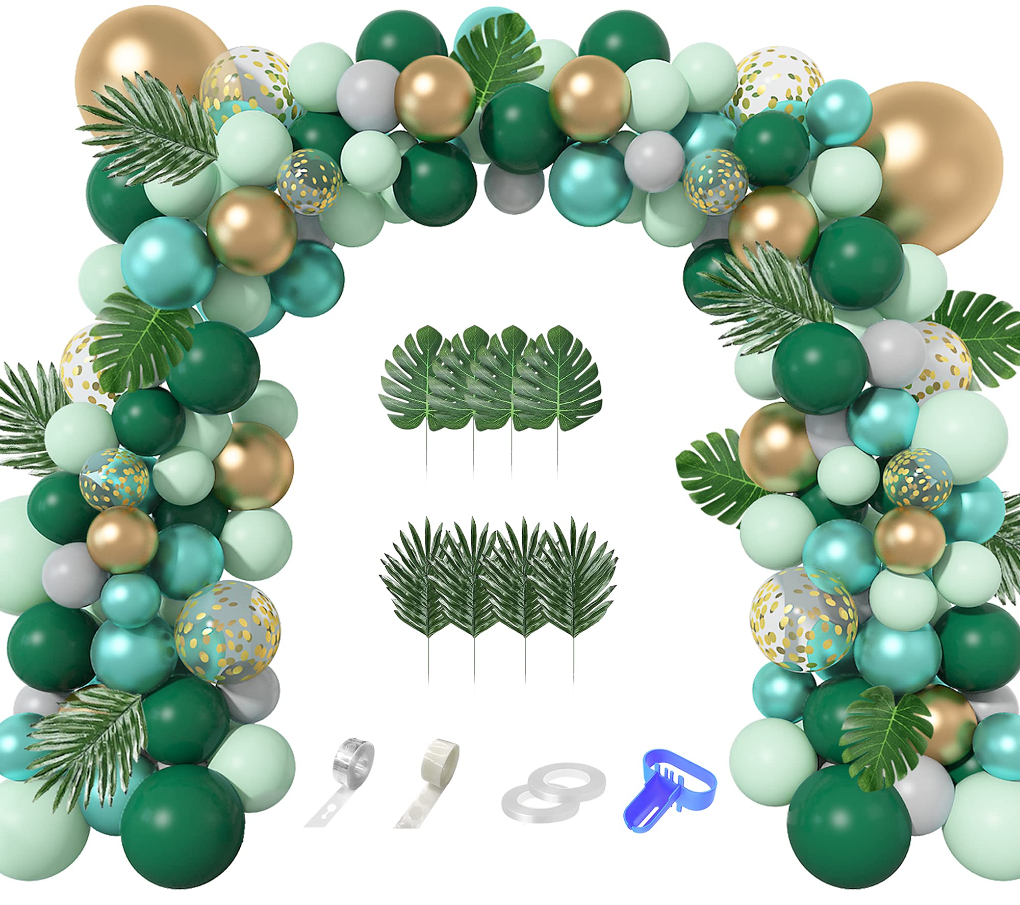 Photo 1 of Jungle Safari Party Balloons Arch Garland Kit, 139Pcs Metallic Gold Green Confetti Balloons with Tropical Palm Leaves for Animal Wild One Birthday Dinosaur Party Safari Baby Shower for Boys Supplies