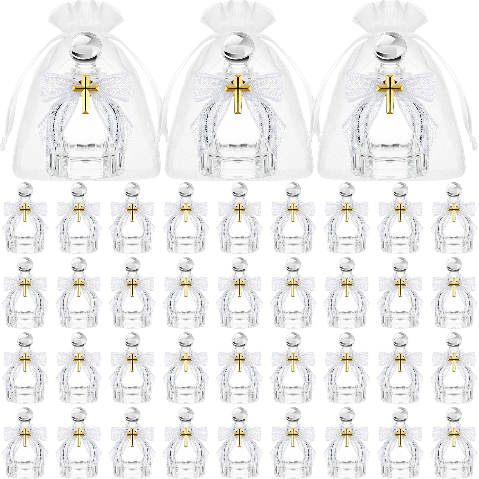 Photo 1 of Holy Water Bottles Catholic Bulk Baptism Favors for Guests Christian Water Container with Cross Organza Bags Lace Bow Rope for Holy Communion Gifts Church Wedding Baptism Favors(White,48 Set)