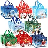 PARSUP 16PCS Christmas Gift Bags, Bronzing Non-WovenTote Treat Christmas Bags with Handles for Gifts Wrapping Shopping, Xmas Party Supplies, 12.8 × 9.8 × 6.7"