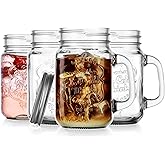 Glaver's Mason Drinking Jars – Set of 4, 15.25 Oz Clear Glass Jar with Handle and Lid. – Ice-Cold Drink Glassware Logo – Glass Mugs Ideal for Cold Beverages, Juice, Smoothie, Cocktails.