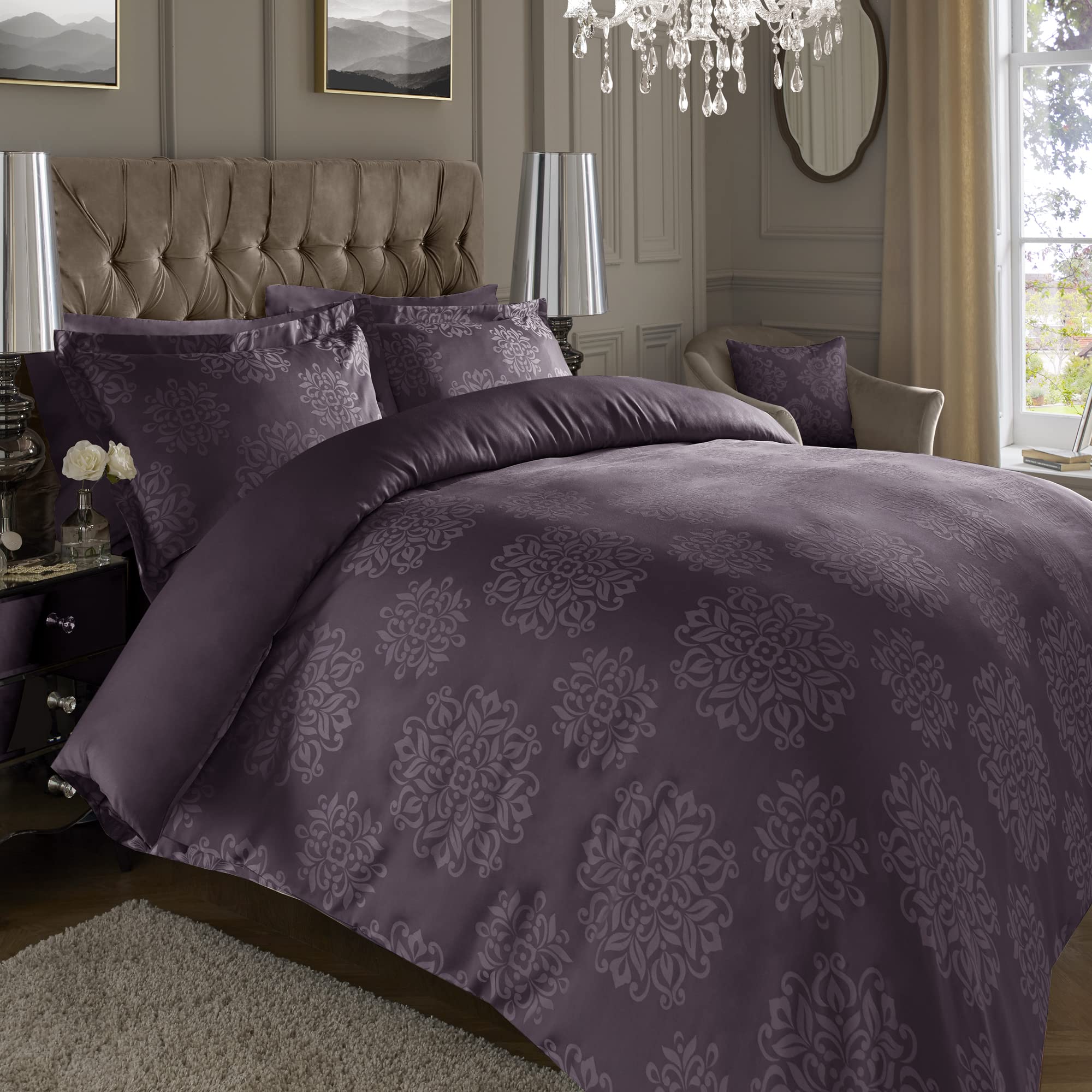 ED Luxury 600 Thread Count Jacquard Duvet Cover 3 Piece Set | Super Soft Cotton Rich & Warm Bedding | Damask Pattern Quilt Cover (Super King, Plum Ornamental) — image 1