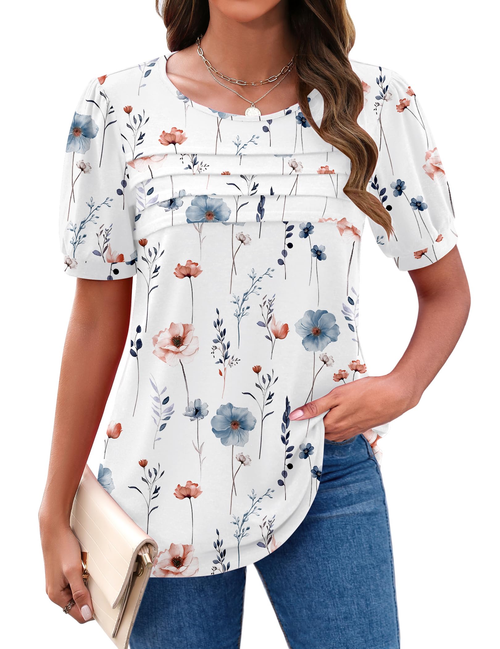 Zeagoo Tunic Tops for Women Casual Dressy Puff Short Sleeve Boho Floral ...
