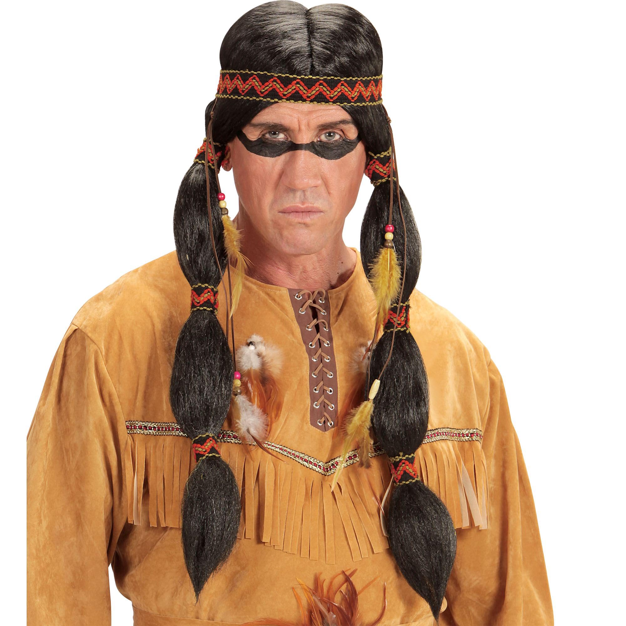 Widmann Mens INDIAN NATIVE AMERICAN WIG WITH PLAITS AND HEADBAND Hat Accessory for Native Wild West American Cowboys Fancy Dress
