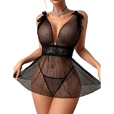 ADOME Sexy Lingerie for Women Mesh Lace Babydoll Lingerie 2pcs | Sexy Polka Dots Lingerie Dress Set 2pcs Mesh Sheer Lace Babydoll Chemise Sexy Nightgown Bridal Valentine's Day Negligee