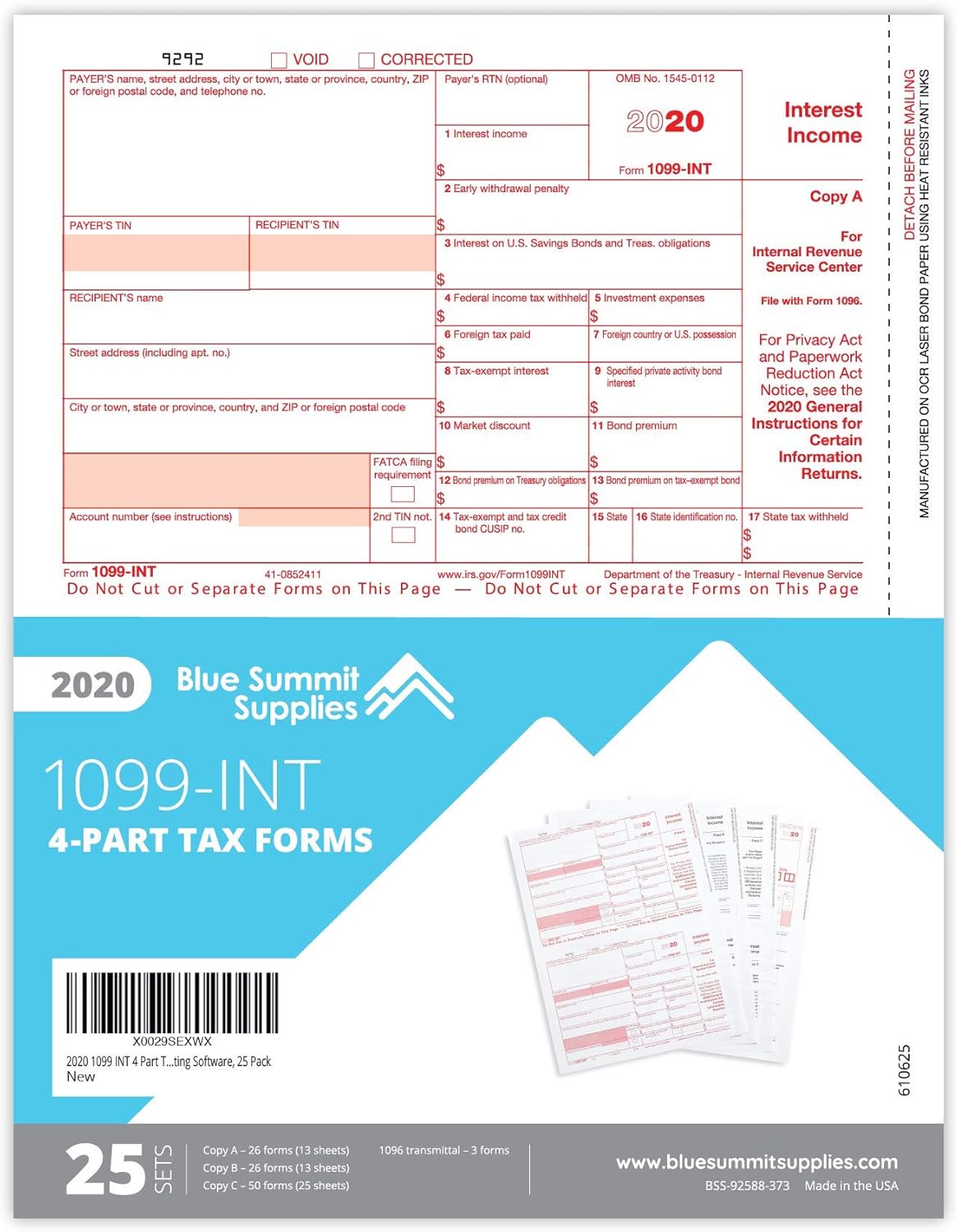 2020 1099 INT 4 Part Interest Tax Forms, 25 Laser Form Sets for Interest Income, Compatible with QuickBooks and Accounting Software, 25 Pack : Office Products