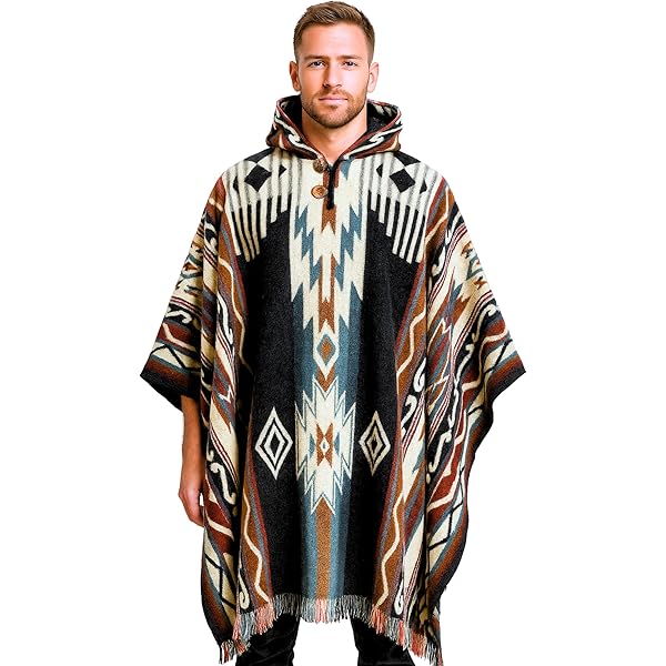 DAVLINA, ALPACA Wool Poncho Hooded and, Aztec Pattern, Unique and