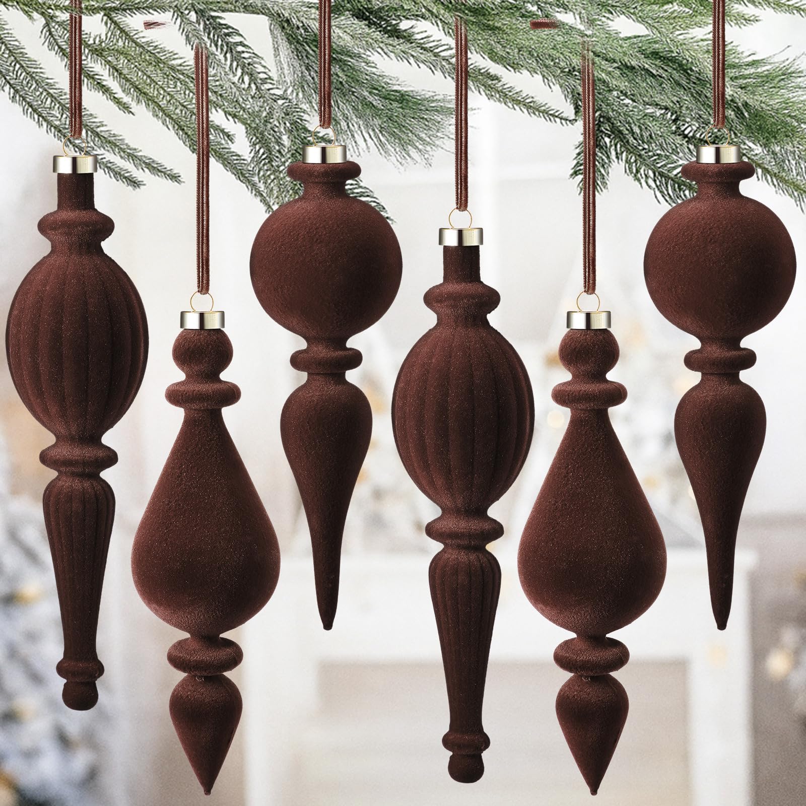 Photo 1 of Jetec 6 Pcs Brown Velvet Christmas Finial Ornament Flocked Xmas Tree Hanging Decoration Plastic Velvet Christmas Ornaments with 3 Styles for Xmas Tree Holiday Home Party Decoration