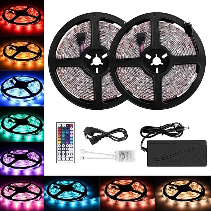 LED Streifen, LED Strips 10m, RGB-Licht mit 5050 300 LEDs, Fernbedienung, IR-Empfänger, 12V DC-Netzteil, für Decke Bar Counte