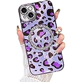 Fiyart Designed for iPhone 14 Plus Case,Compatible with MagSafe Plating Diamond Camera Protection Epoxy Cheetah Leopard Print Glitter Magnetic for Women Men Shockproof Phone Bumper 6.7"-Purple
