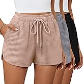 Riyiper 3 Pack Women's Waffle Knit Shorts Drawstring Lounge Summer Comfy Casual Shorts with Pockets