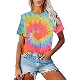Tie Dye Shirt for Women Hippie Costume T-Shirt Short Sleeve Crewneck Tee Tops
