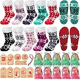 Cutecrop 10 Pairs Christmas Slipper Socks Bulk with 10 Gift Tags and 10 Drawstring Gift Bag Set Winter Fuzzy Fluffy Thermal Sherpa Non-slip Thermal Socks for Christmas Holiday Gifts