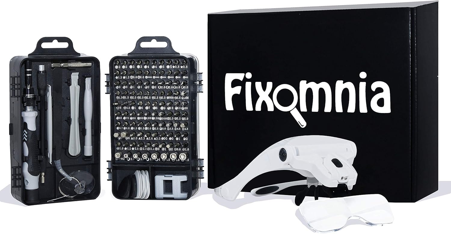 FIXOMNIA Reparatur-Kit Set mit 122 Teilen –Werkzeugset zur Reparatur von Handy Display Smartphone Laptop PC Notebook – Elektronik Präzisions Schraubendreher - Schraubenzieher Set + Lupenbrille