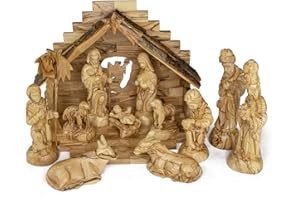 TREE OF LIFE REV. 22:14 Olive Wood Nativity Set from Bethlehem - Intricately Hand Carved Wooden Nativity Set from the Holy Land with Large Bark Roof Stable, Manger & Figurines - Wood Nativity Scene Indoor Use for Christmas