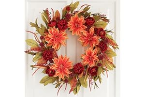 Hometrance Fall Front Door Wreath with Dahlia, Rose, and Ball-Chrysanthemum Flowers, 22 Inch Outdoor Autumn Wreath, Farmhouse Indoor Decor, Floral Wreath for Harvest Thanksgiving Wedding