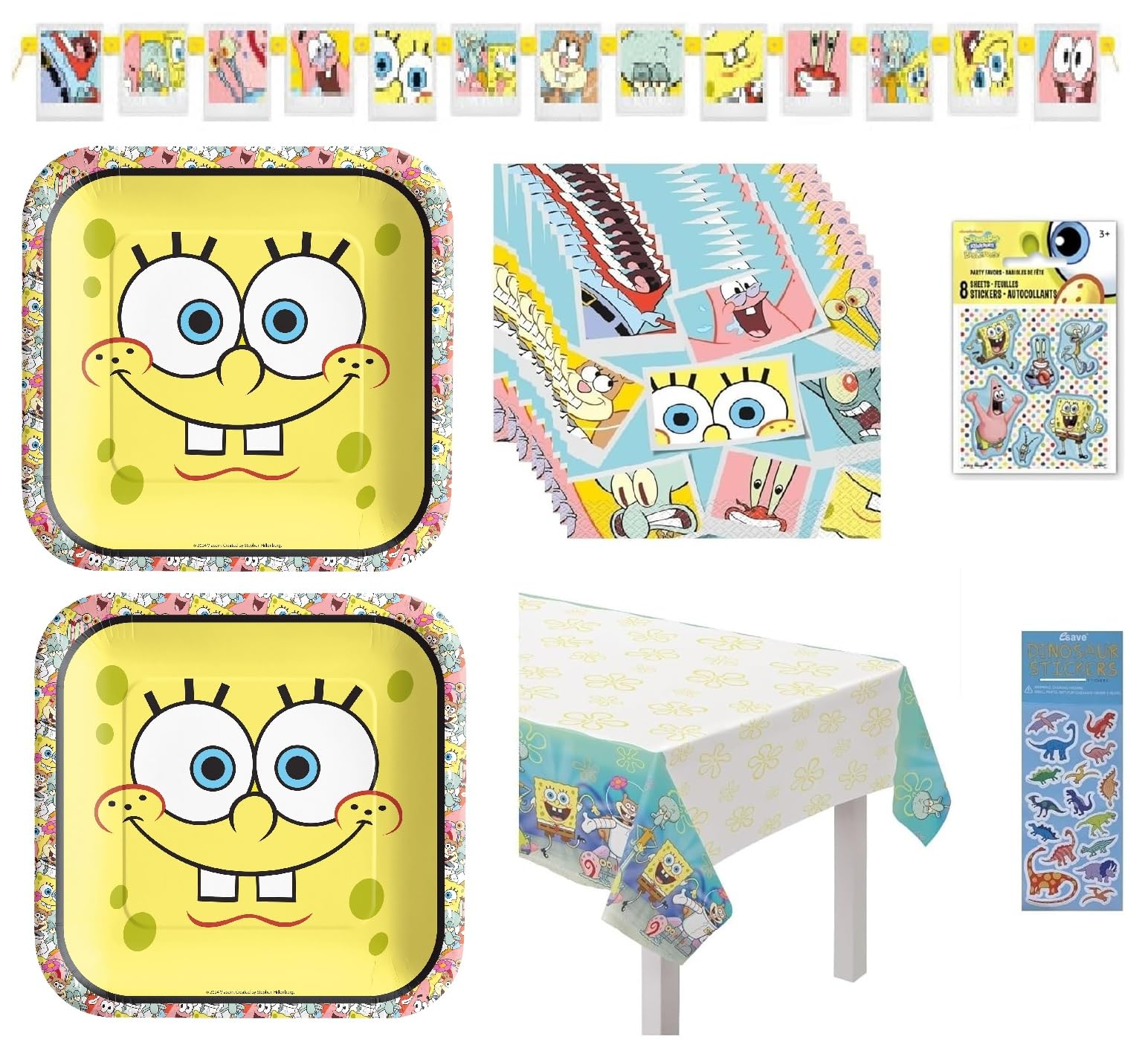Photo 1 of Spongebob Squarepant Birthday Party Supplies Bundle Pack includes 16 Lunch Plates, 16 Lunch Napkins, 1 Table Cover, 1 Party Banner, 8 Sticker Sheets, 1 Dinosaur Sticker Sheet