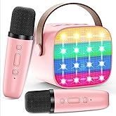 Bluetooth Karaoke Machine Toy for Kids- Mini Karaoke with 2 Wireless Microphone, Voice Changer & LED Lights, Portable Karaoke Mic for 3-8 Year Old Girls, Great for Birthday Home Party