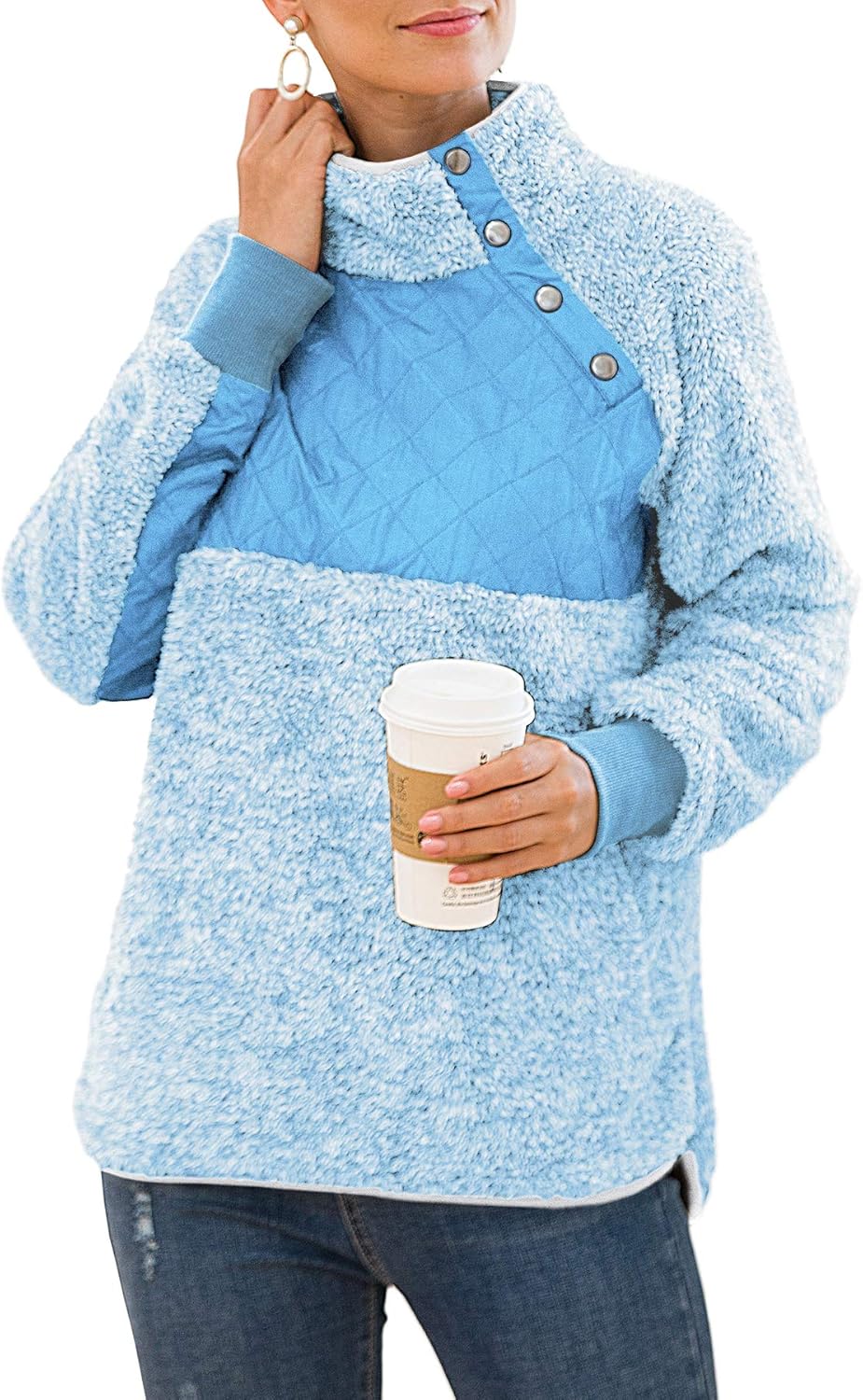 VIISHOW Women's Long Sleeves Quilt Coat Turtleneck Oblique Button Neck Fleece Pullover Coat Sweatshirts Outwear with Pocket at  Women’s Clothing store